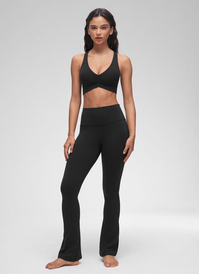 CRZ YOGA Women's Light Support Butterluxe Yoga Bra Ruched V Neck Black