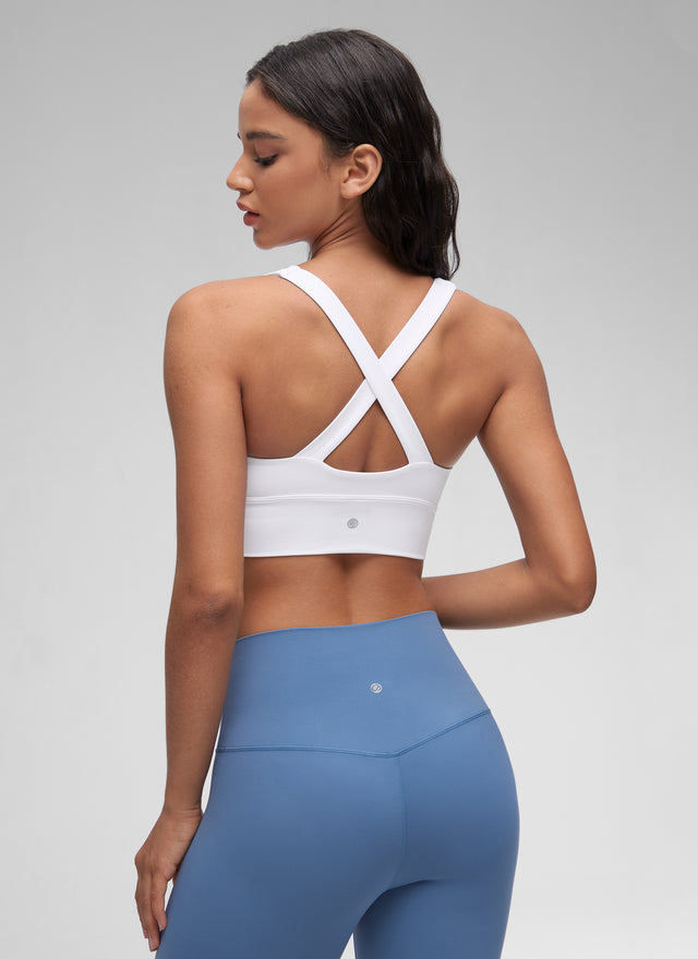 CRZ YOGA Women's Light Support Butterluxe Yoga Bra Ruched V Neck White