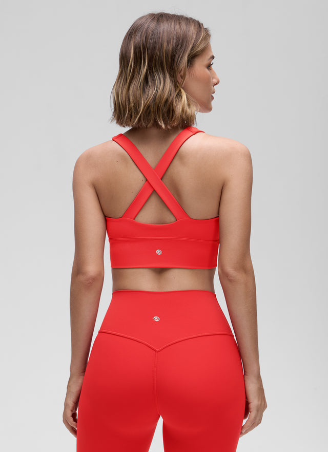 CRZ YOGA Women's Light Support Butterluxe Yoga Bra Ruched V Neck Deep Red @model_info:Jaynne