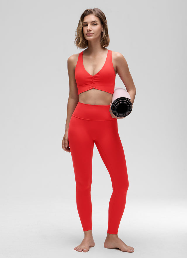 CRZ YOGA Women's Light Support Butterluxe Yoga Bra Ruched V Neck Deep Red