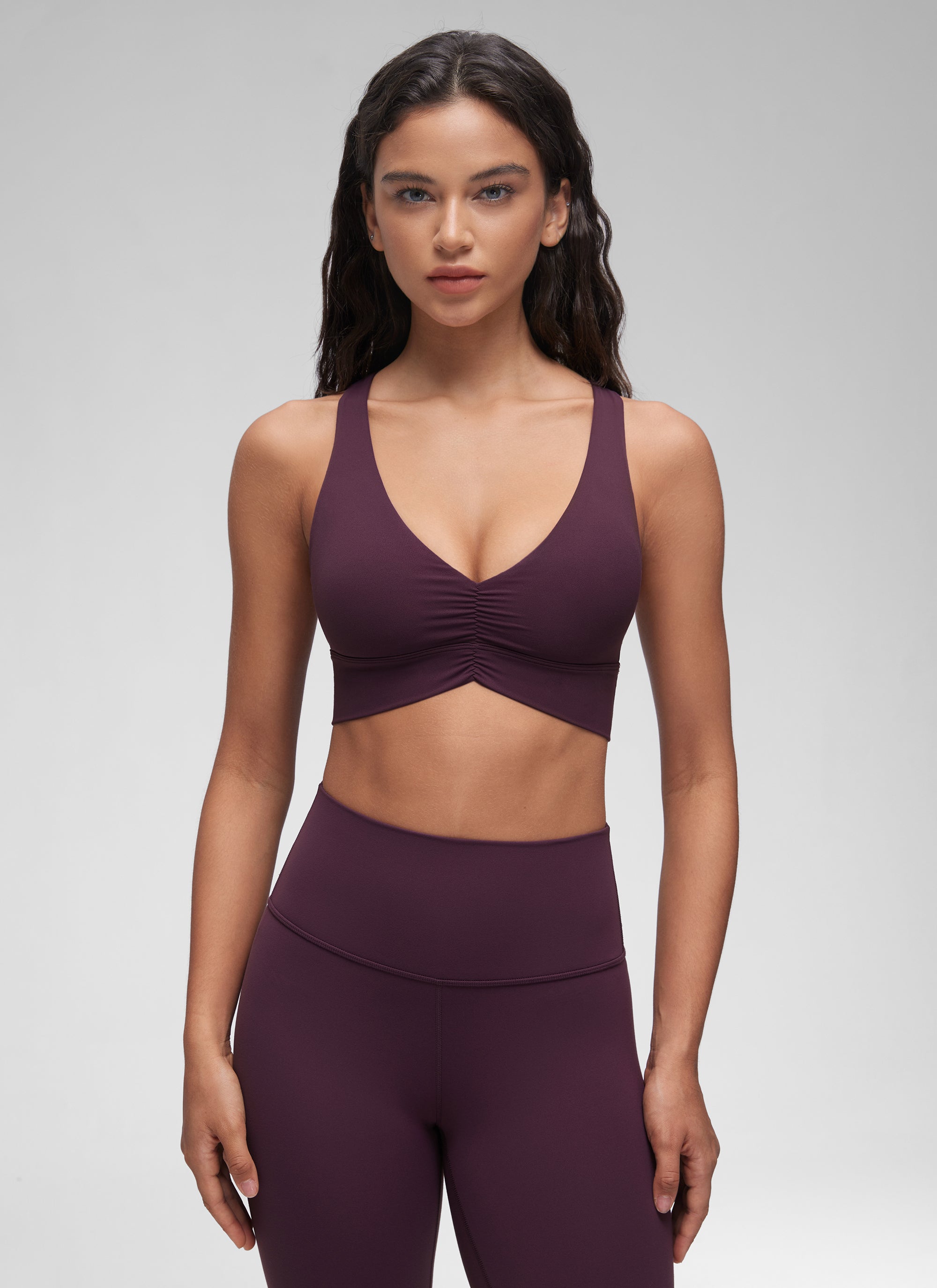 CRZ YOGA Women's Light Support Butterluxe Yoga Bra Ruched V Neck Deep Purple @model_info:Winma