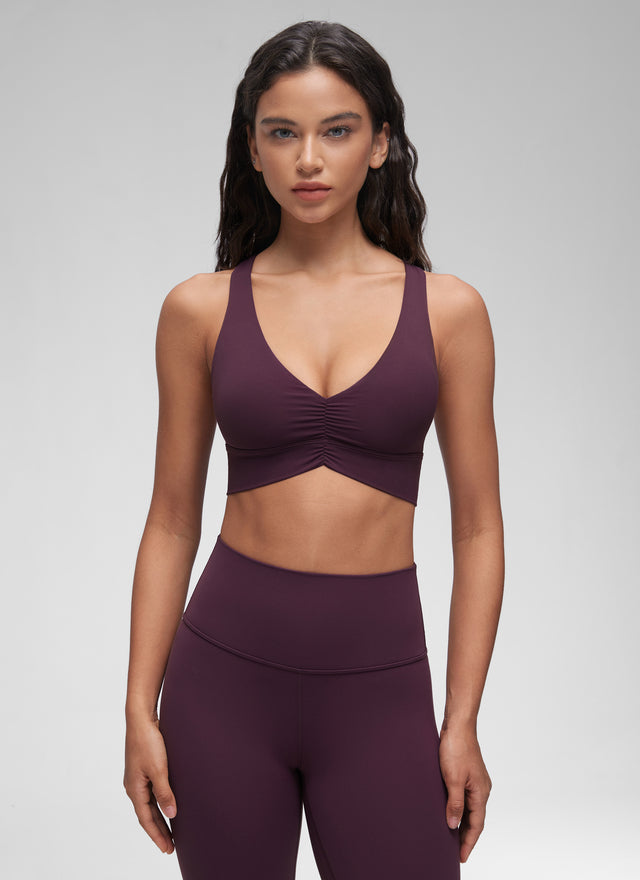 CRZ YOGA Women's Light Support Butterluxe Yoga Bra Ruched V Neck Deep Purple @model_info:Winma