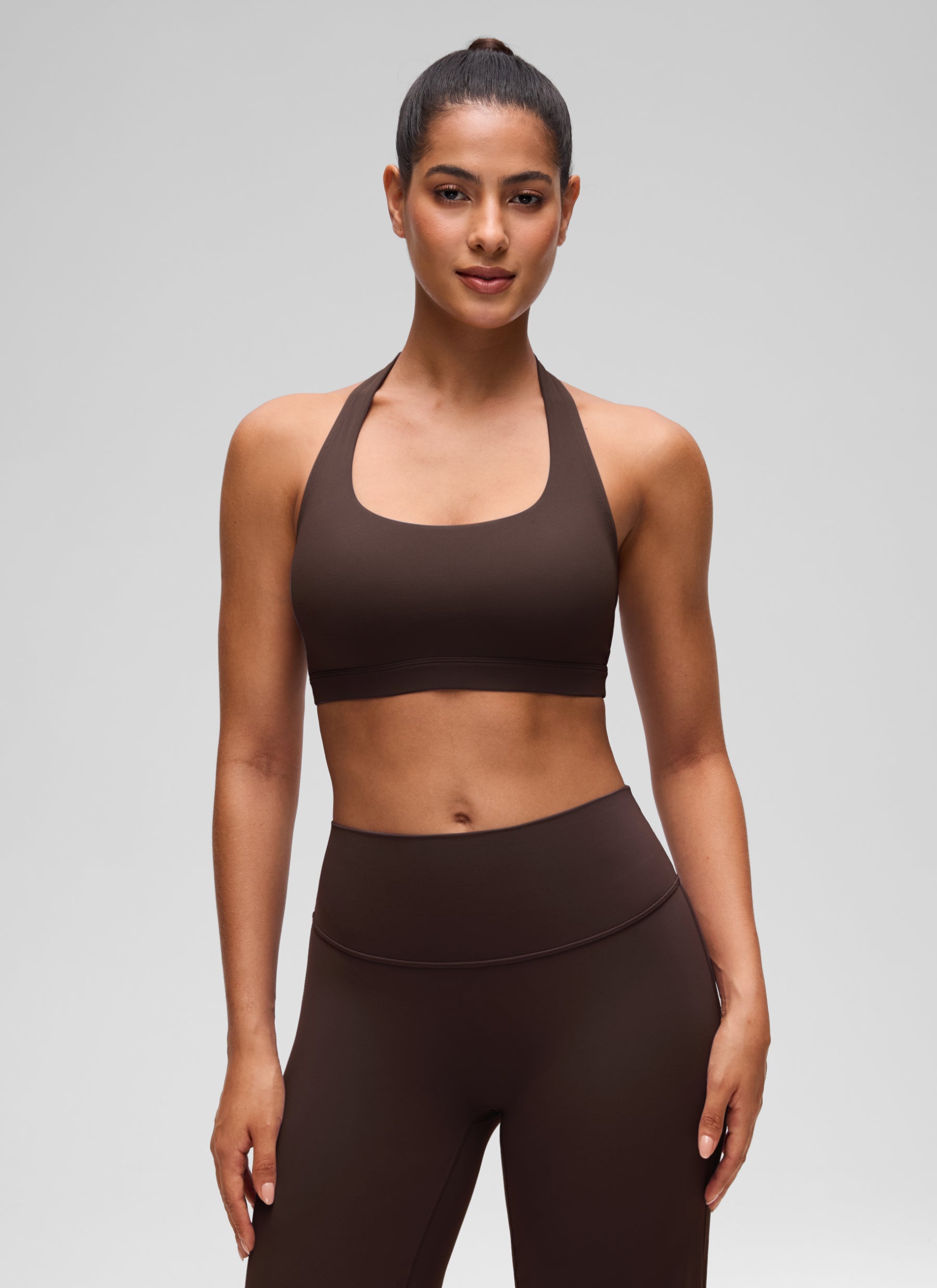 CRZ YOGA Womens Yoga Scoop Neck Padded Open Back Sports Bras Hot Fudge Brown @model_info:S1