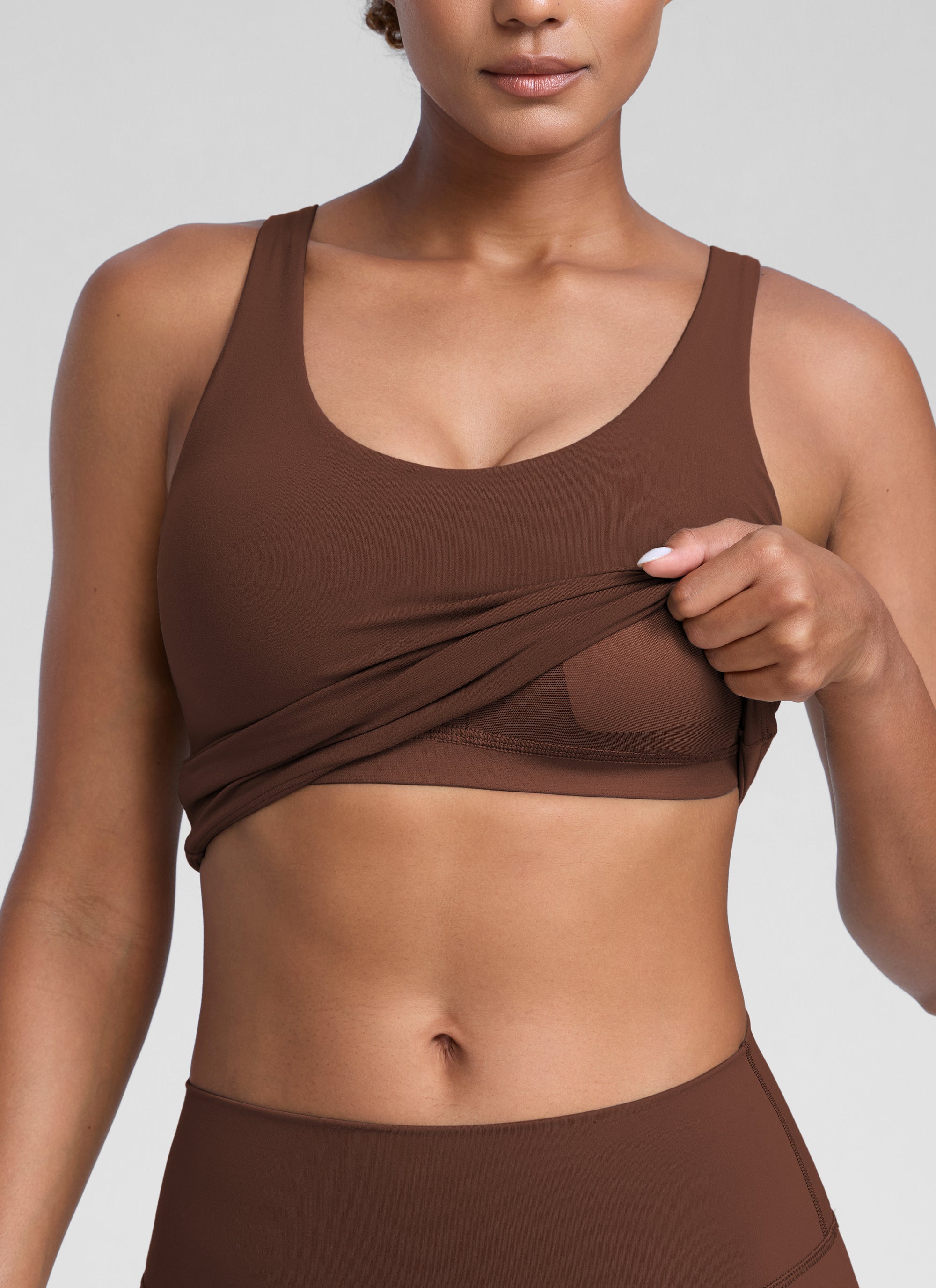 CRZ YOGA Womens Butterlift Racerback U Neck Yoga Built in Bra Tank Coffee Brown @model_info:Barbara