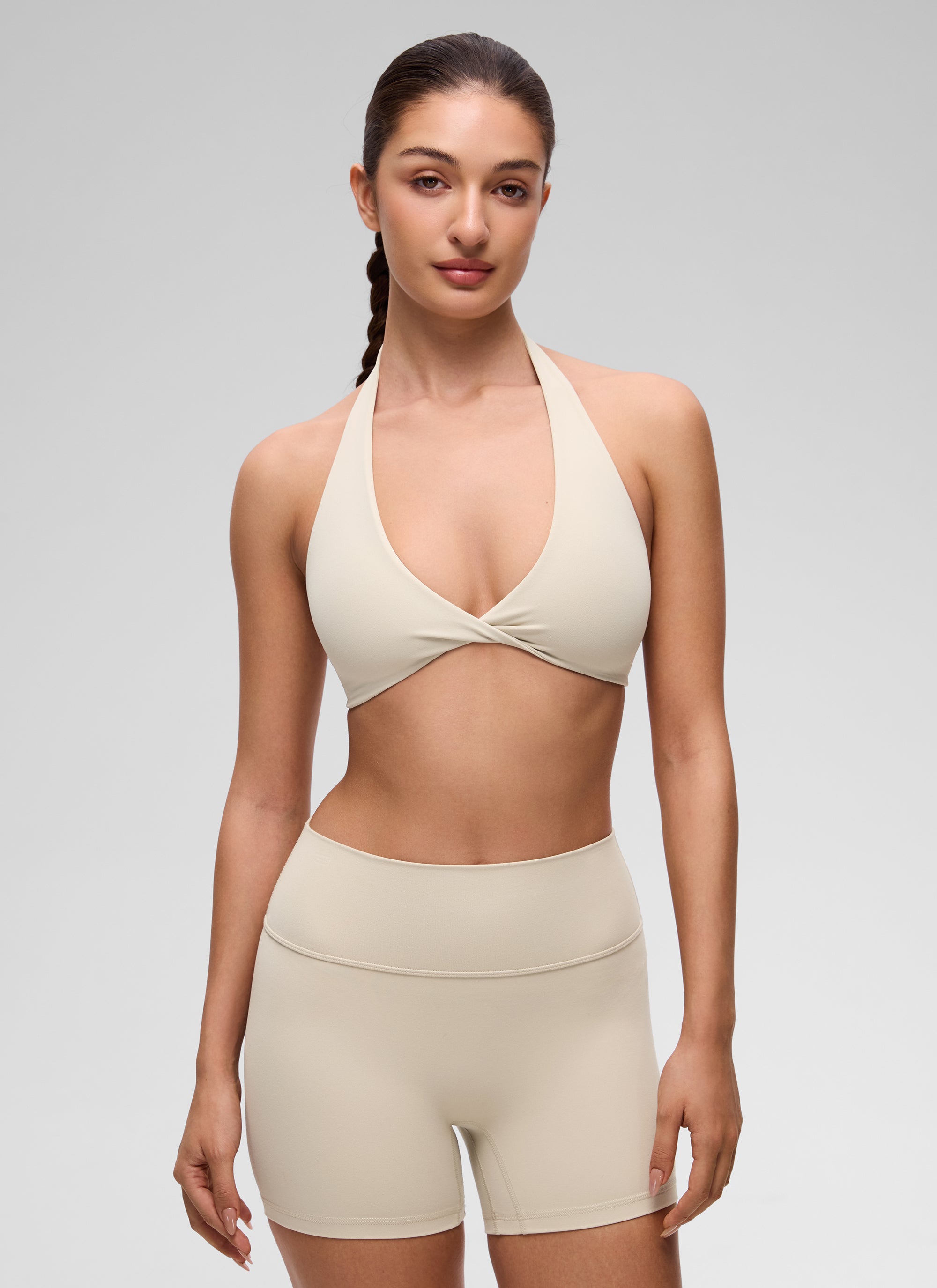 CRZ YOGA Women's Butterluxe Yoga V Neck Crop Double Lined Sports Bra White
