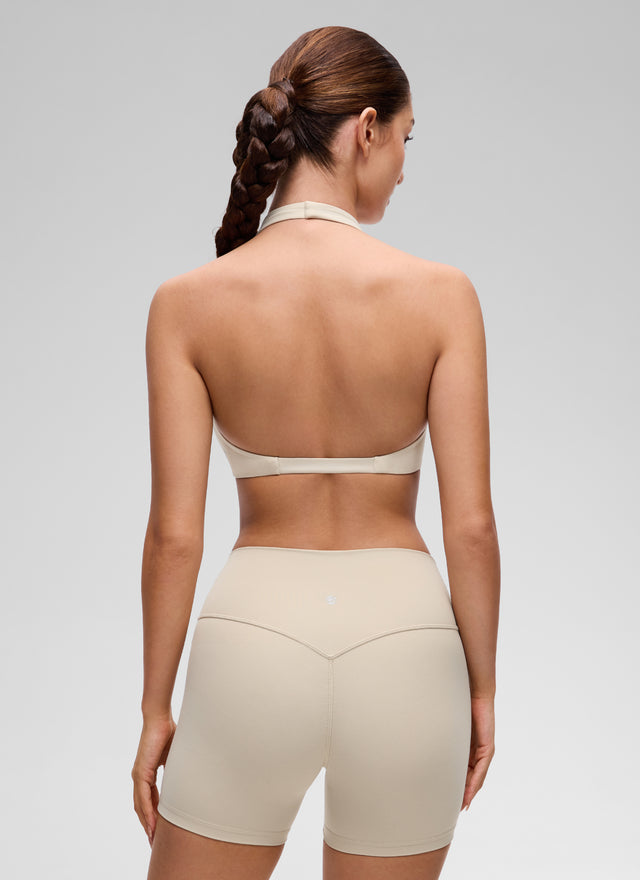 CRZ YOGA Women's Butterluxe Yoga V Neck Crop Double Lined Sports Bra Mojave Tan @model_info:Inga
