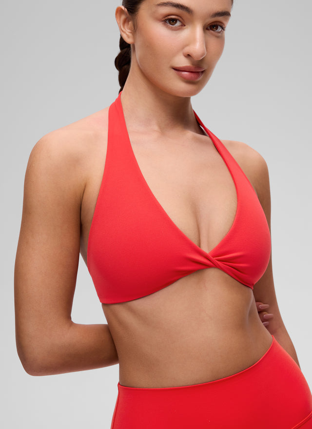 CRZ YOGA Women's Butterluxe Yoga V Neck Crop Double Lined Sports Bra Deep Red