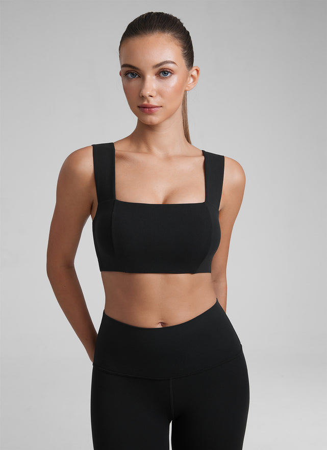 CRZ YOGA Butterluxe Womens Square Neck Open Back Wide straps Sports Bras Black