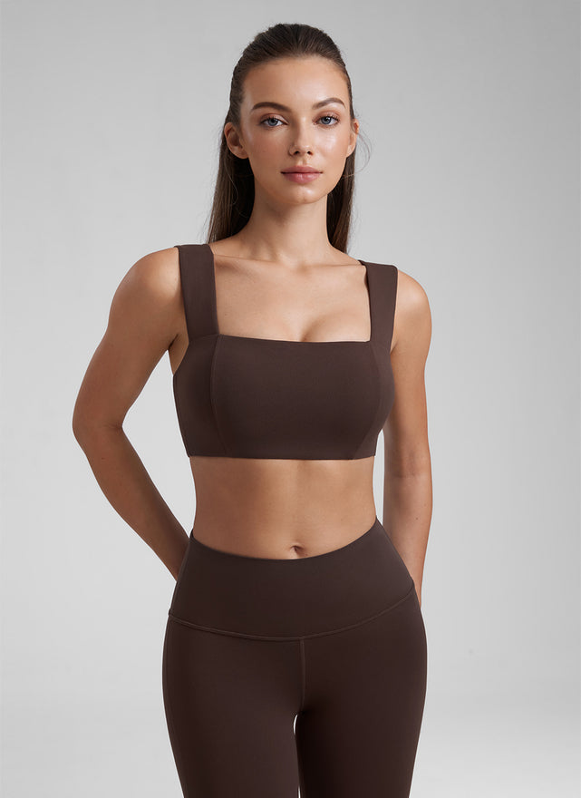 CRZ YOGA Butterluxe Womens Square Neck Open Back Wide straps Sports Bras Hot Fudge Brown