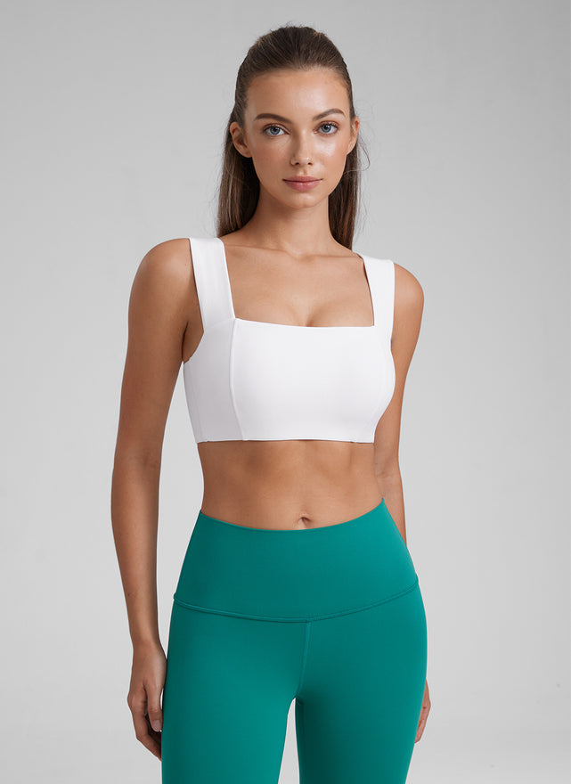 CRZ YOGA Butterluxe Womens Square Neck Open Back Wide straps Sports Bras White