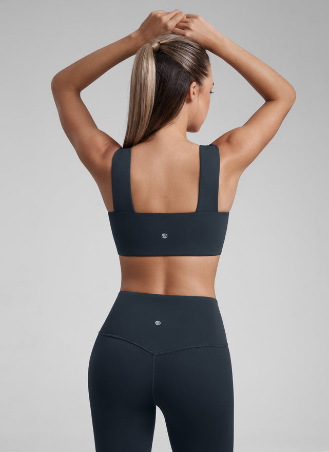CRZ YOGA Butterluxe Womens Square Neck Open Back Wide straps Sports Bras True Navy