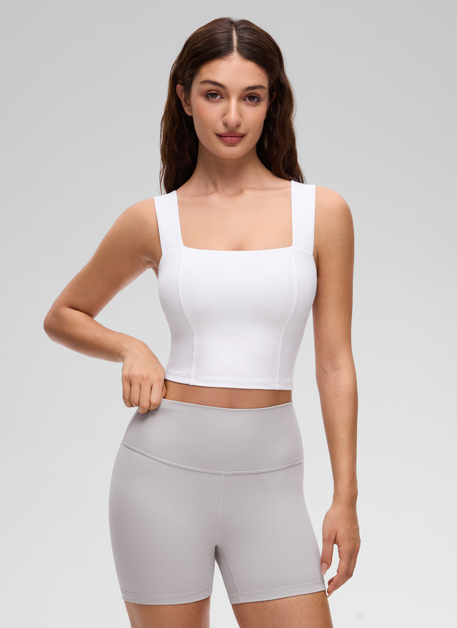 CRZ YOGA Women's Butterluxe Square Neck Crop Built in Bra Tank White