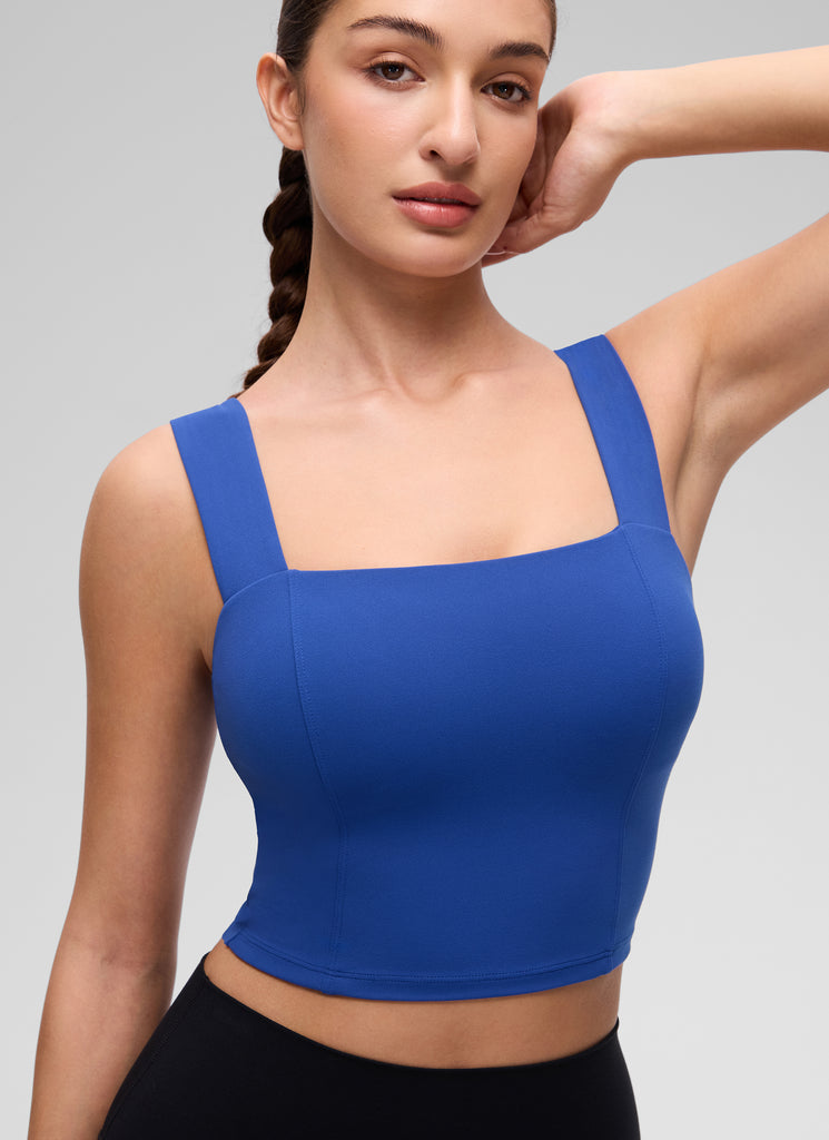 CRZ YOGA Women's Butterluxe Square Neck Crop Built in Bra Tank Waves Blue