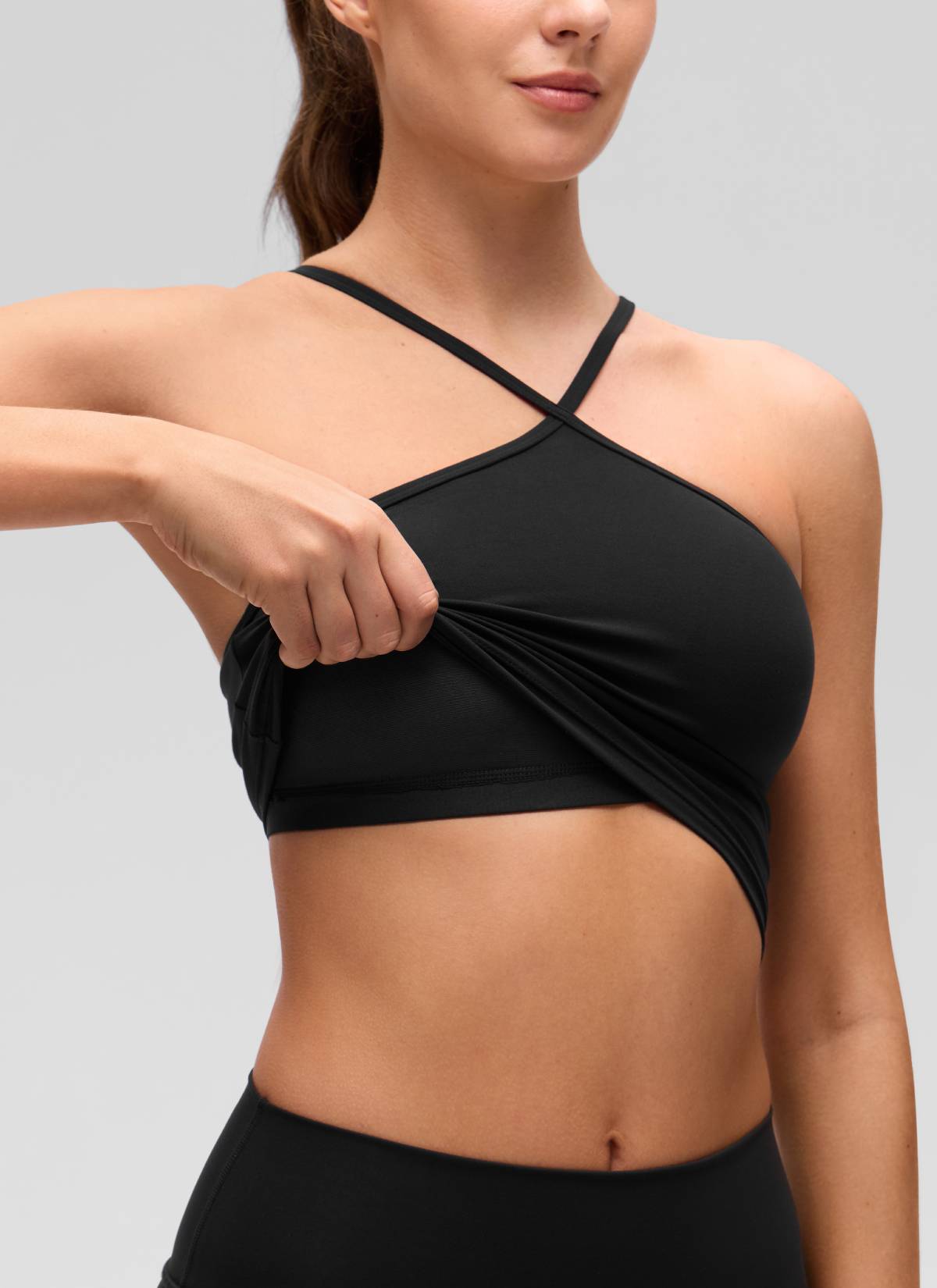 CRZ YOGA Women's Butterluxe Yoga Cross Halter Crop Built in Bra Tank Black @model_info:Gelya