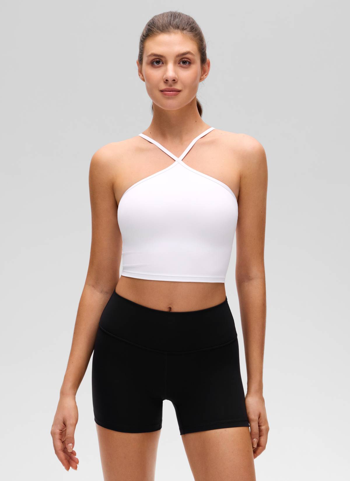 CRZ YOGA Women's Butterluxe Yoga Cross Halter Crop Built in Bra Tank White @model_info:Gelya