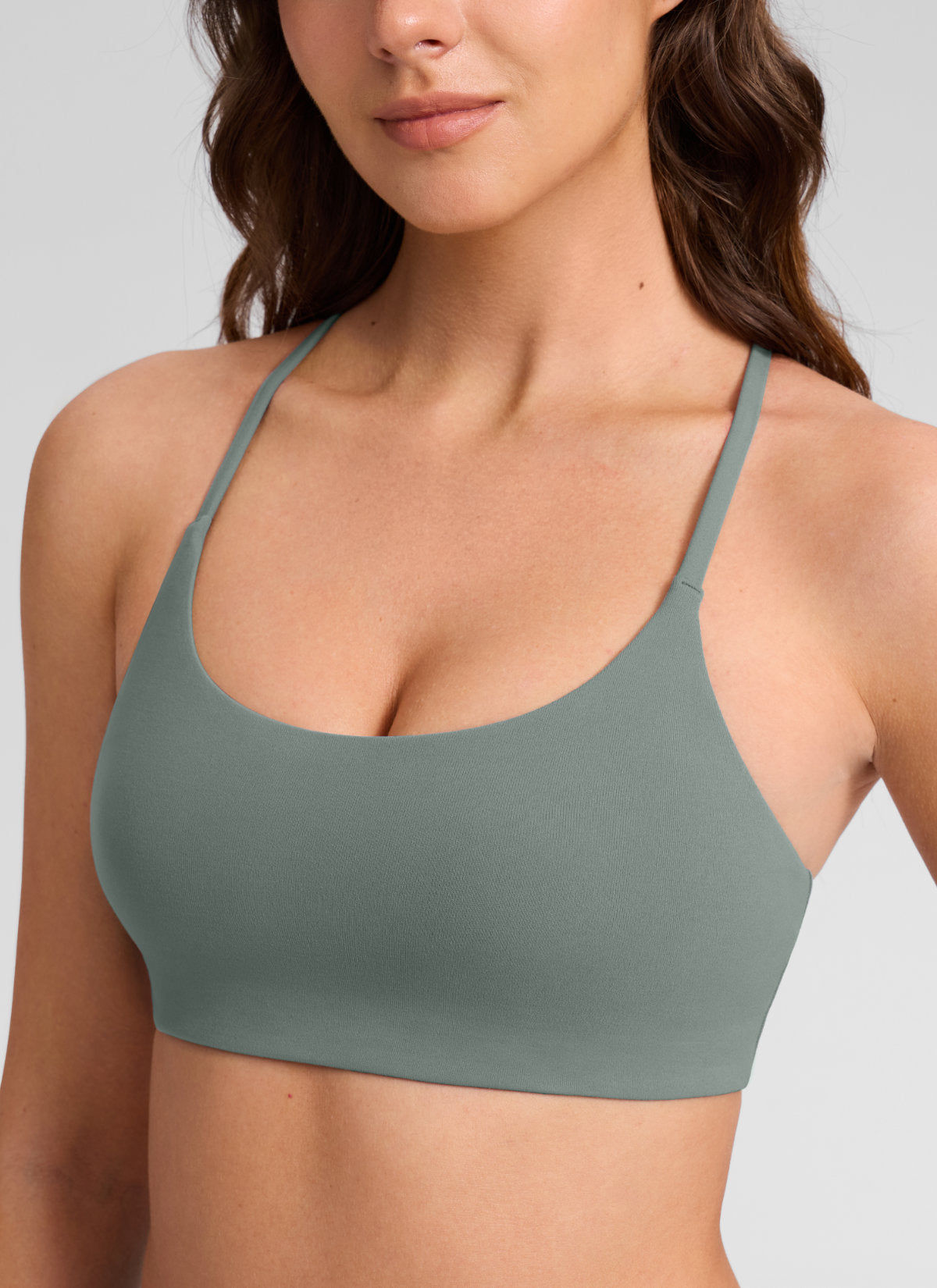 CRZ YOGA Women's Butterlift® Yoga V Back Double Lined Sports Bra Grey Sage @model_info:Gelya