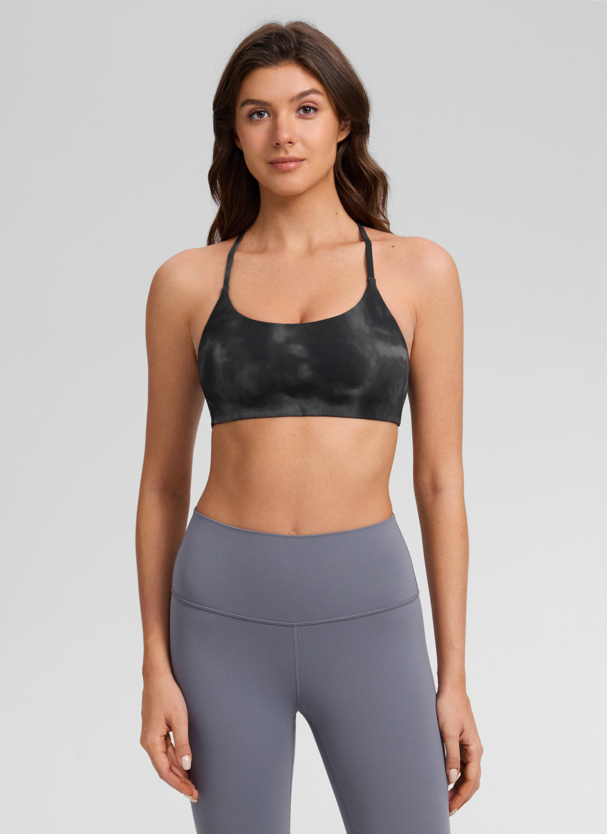 CRZ YOGA Women's Butterlift® Yoga V Back Double Lined Sports Bra Grey Tie Dye Flowers