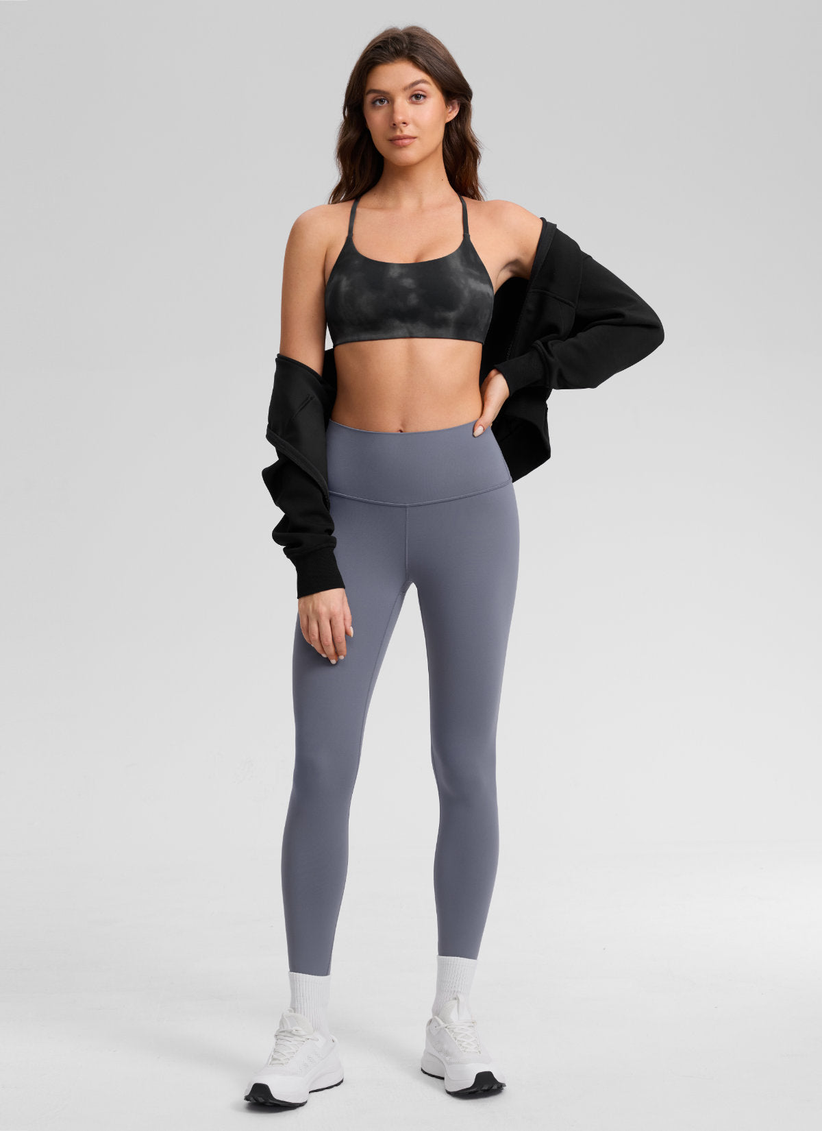 CRZ YOGA Women's Butterlift® Yoga V Back Double Lined Sports Bra Grey Tie Dye Flowers