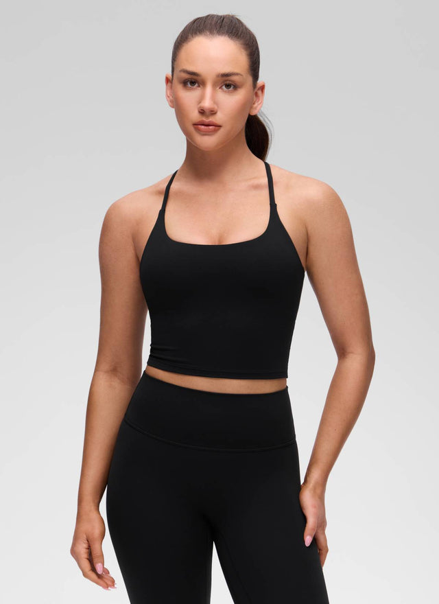 CRZ YOGA Women's Butterluxe U Neck Twist Cross Back Built in Bra Tank Black