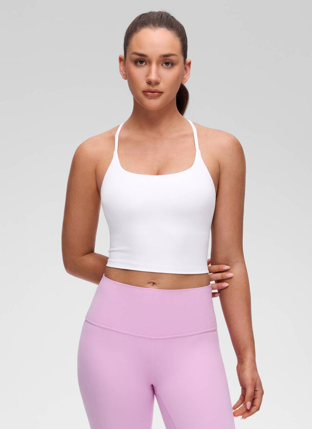 CRZ YOGA Women's Butterluxe U Neck Twist Cross Back Built in Bra Tank White