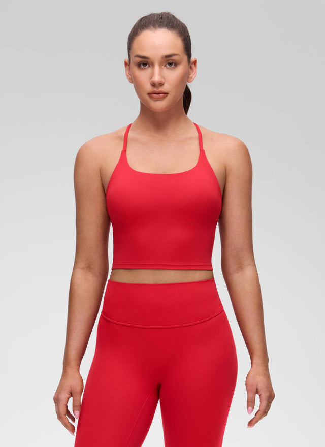 CRZ YOGA Women's Butterluxe U Neck Twist Cross Back Built in Bra Tank Aurora Red