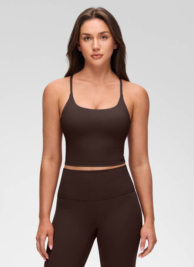CRZ YOGA Women's Butterluxe U Neck Twist Cross Back Built in Bra Tank Hot Fudge Brown @model_info:Brooklyn