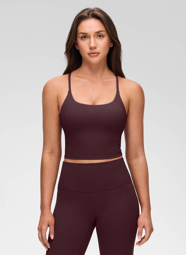 CRZ YOGA Women's Butterluxe U Neck Twist Cross Back Built in Bra Tank Ripe Plum