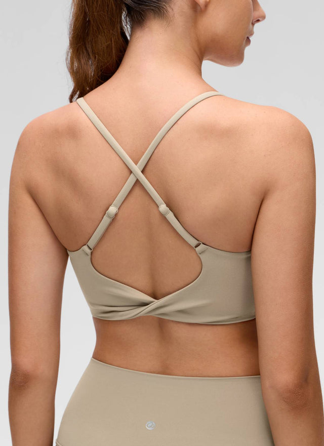 CRZ YOGA Women's Butterluxe Yoga Scoop Neck Twist Cross Back Sport Bra Oak