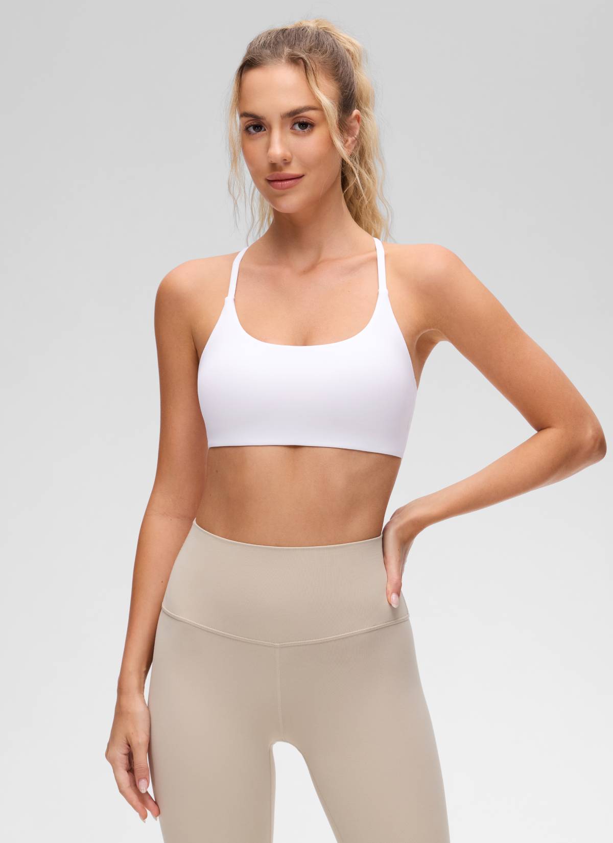 CRZ YOGA Women's Butterluxe Yoga Scoop Neck Twist Cross Back Sport Bra White @model_info:Anna