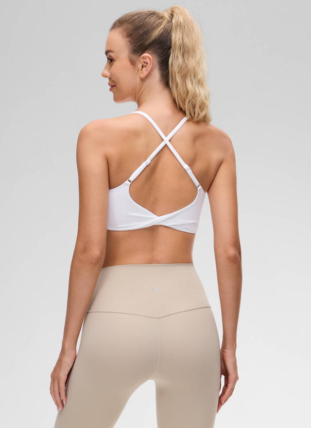 CRZ YOGA Women's Butterluxe Yoga Scoop Neck Twist Cross Back Sport Bra White