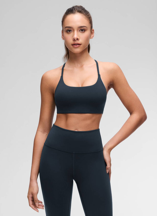 CRZ YOGA Women's Butterluxe Yoga Scoop Neck Twist Cross Back Sport Bra True Navy