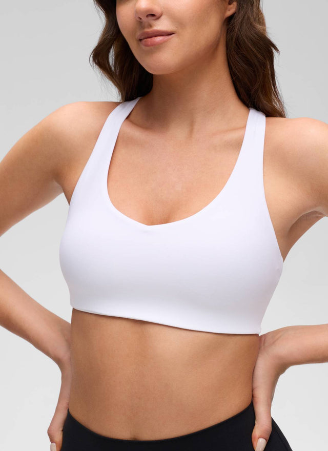 CRZ YOGA Women's Butterluxe Yoga V Neck Strappy Back Sports Bra White