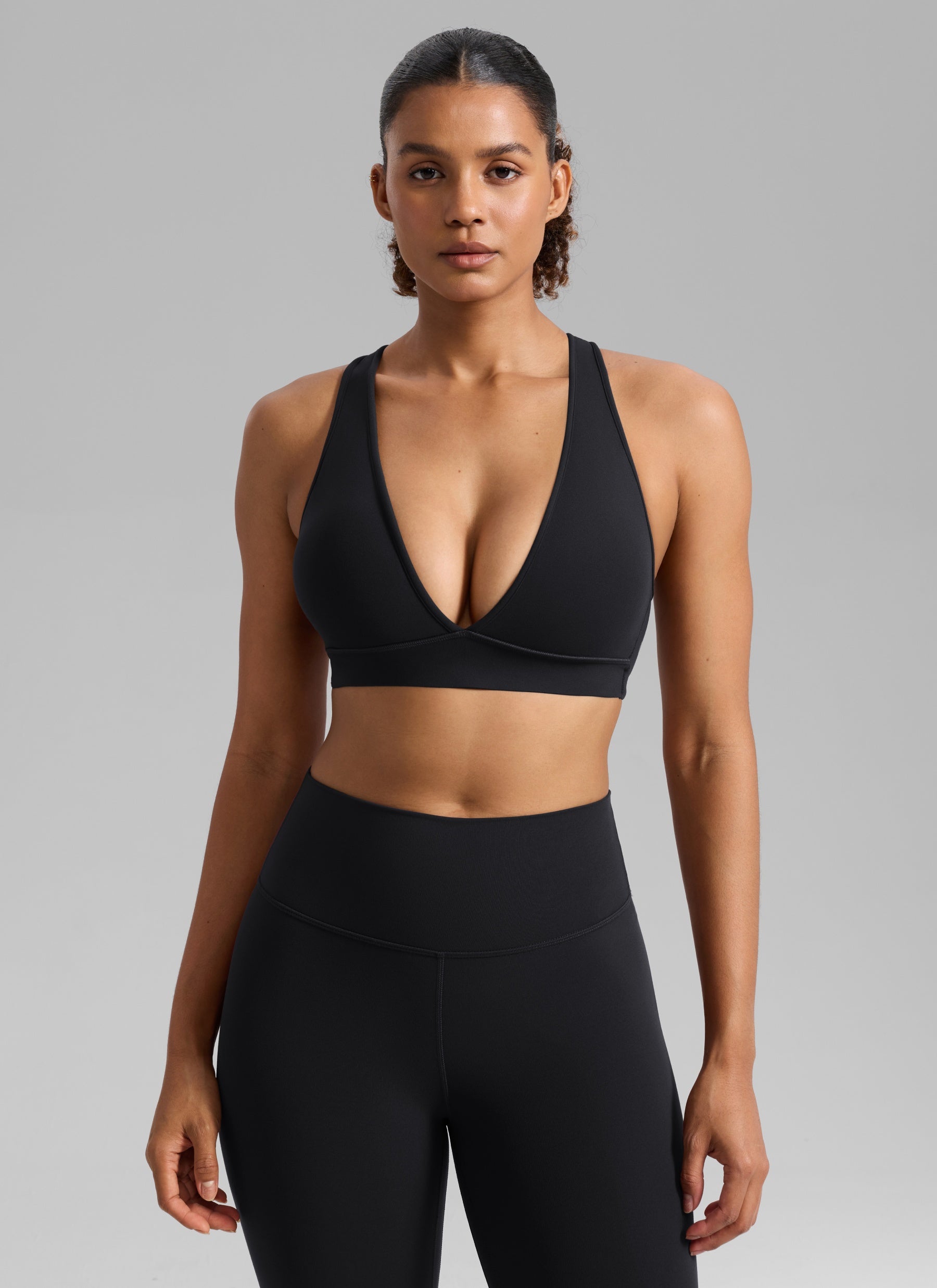 CRZ YOGA Women's Butterlift® Workout Deep V Neck Cross Back Sports Bra Black