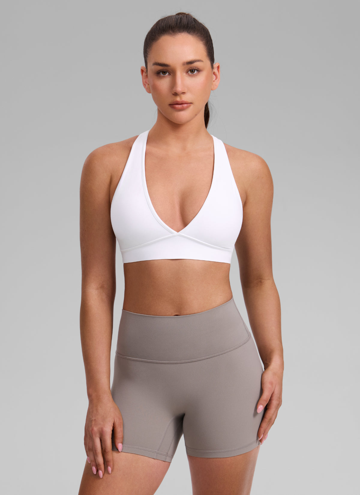 CRZ YOGA Women's Butterlift® Workout Deep V Neck Cross Back Sports Bra White @model_info:Brooklyn