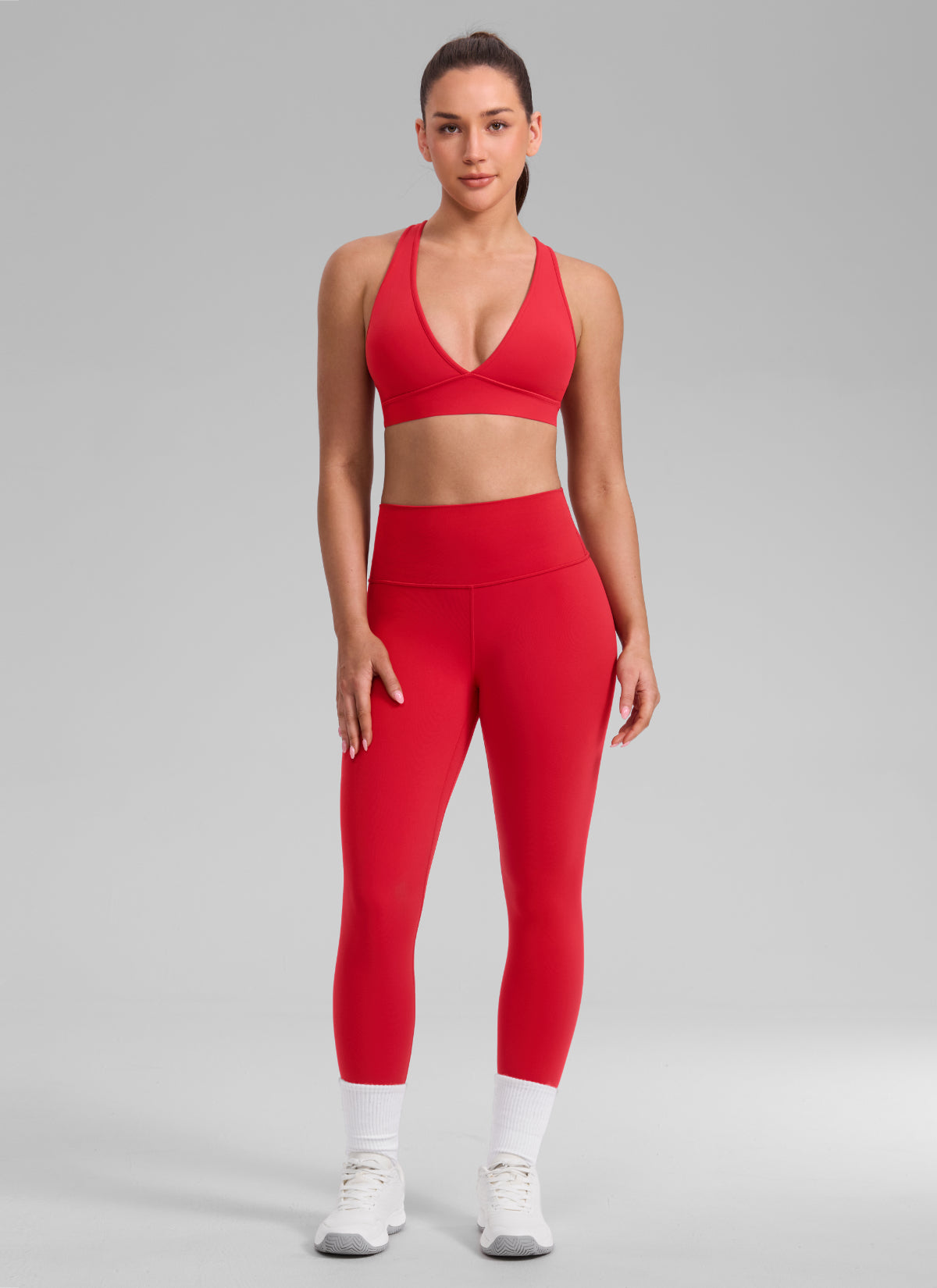 CRZ YOGA Women's Butterlift® Workout Deep V Neck Cross Back Sports Bra Aurora Red