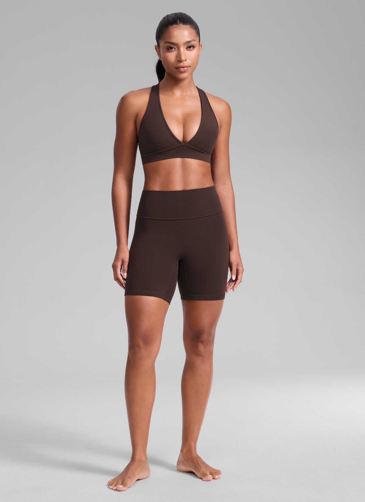 CRZ YOGA Women's Butterlift® Workout Deep V Neck Cross Back Sports Bra Hot Fudge Brown