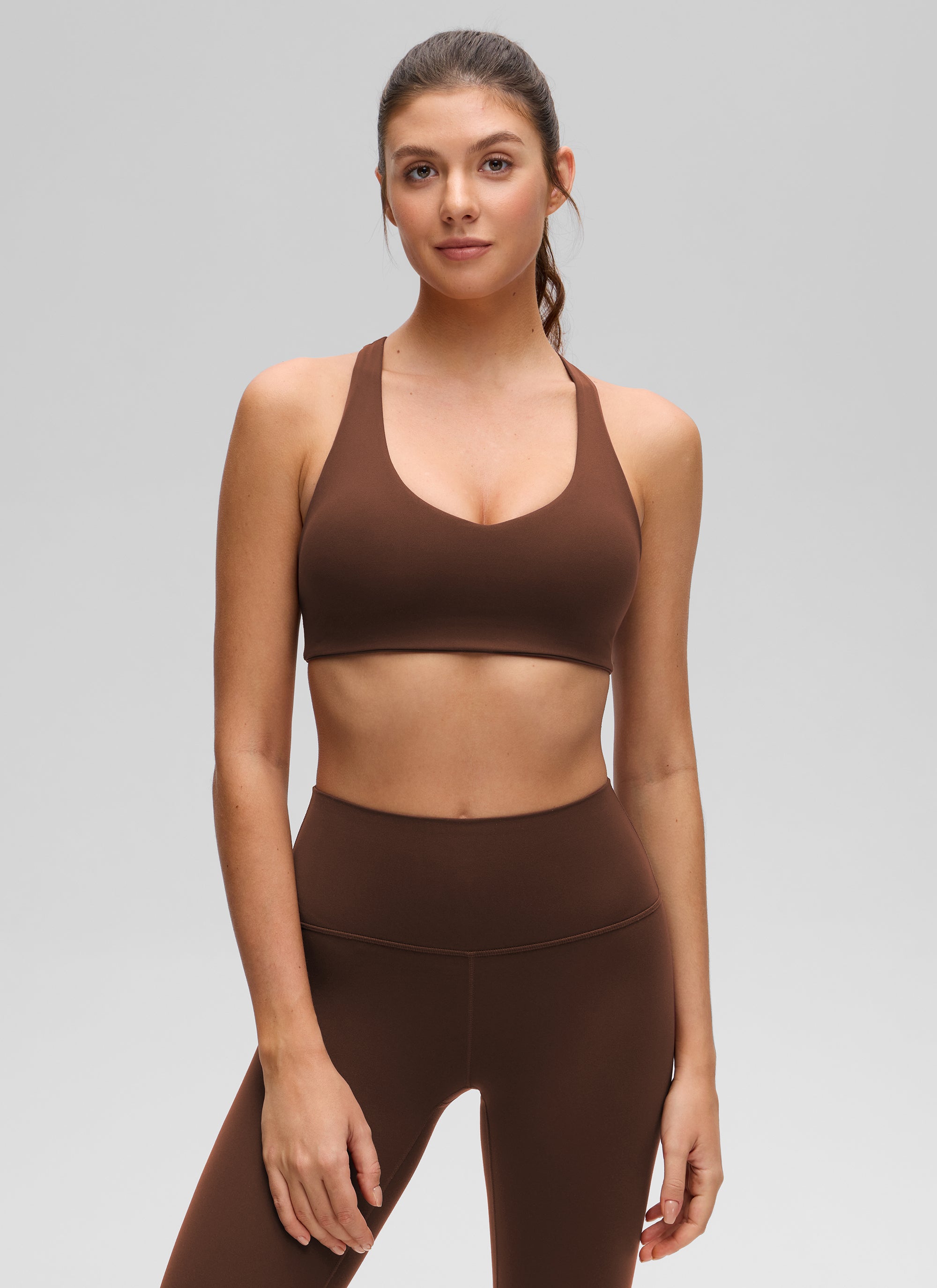 CRZ YOGA Women's Butterluxe Yoga V Neck RacerBack Build in Sports Bra Lava Brown @model_info:Gelya