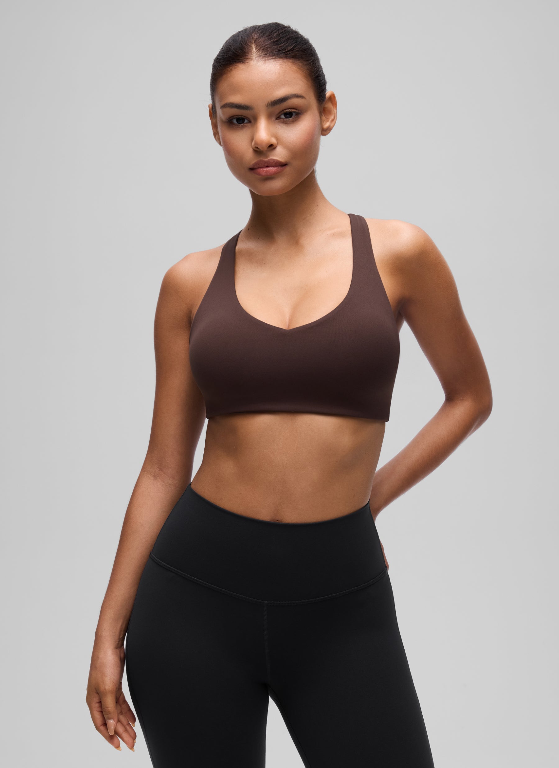 CRZ YOGA Women's Butterluxe Yoga V Neck RacerBack Build in Sports Bra Hot Fudge Brown @model_info:T