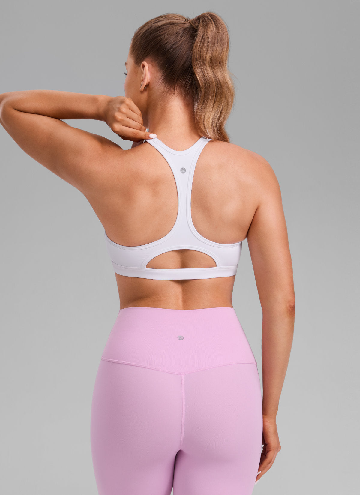 CRZ YOGA Women's Butterlift Yoga U Neck Racerback Keyhole Sports Bra White @model_info:Julia