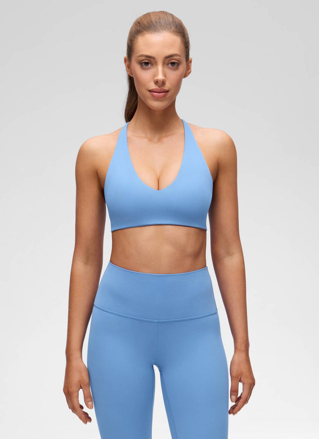 CRZ YOGA Women's Butterluxe Yoga V Neck Twist Cross Back Sports Bra Party Blue @model_info:Lary