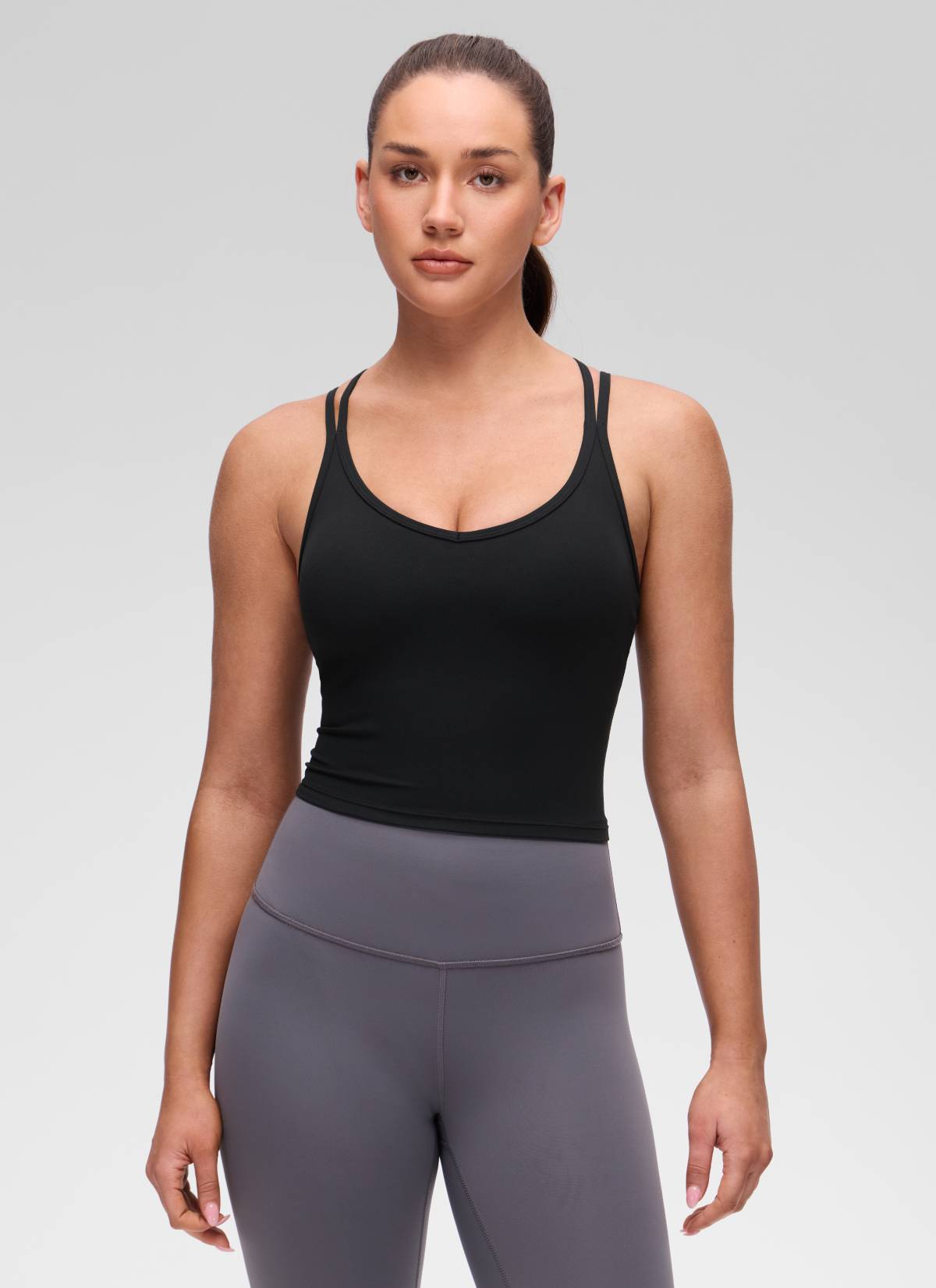 CRZ YOGA Women's Butterluxe Yoga V Neck Cross Back Built in Bra Tank Black