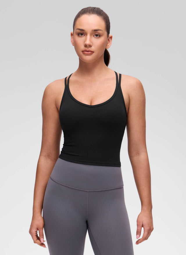 CRZ YOGA Women's Butterluxe Yoga V Neck Cross Back Built in Bra Tank Black @model_info:Brooklyn