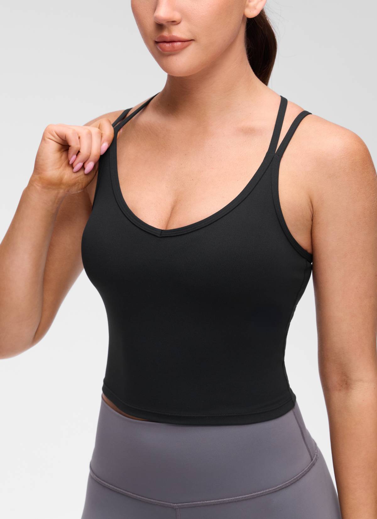 CRZ YOGA Women's Butterluxe Yoga V Neck Cross Back Built in Bra Tank Black