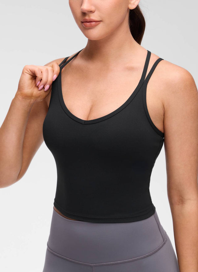 CRZ YOGA Women's Butterluxe Yoga V Neck Cross Back Built in Bra Tank Black @model_info:Brooklyn