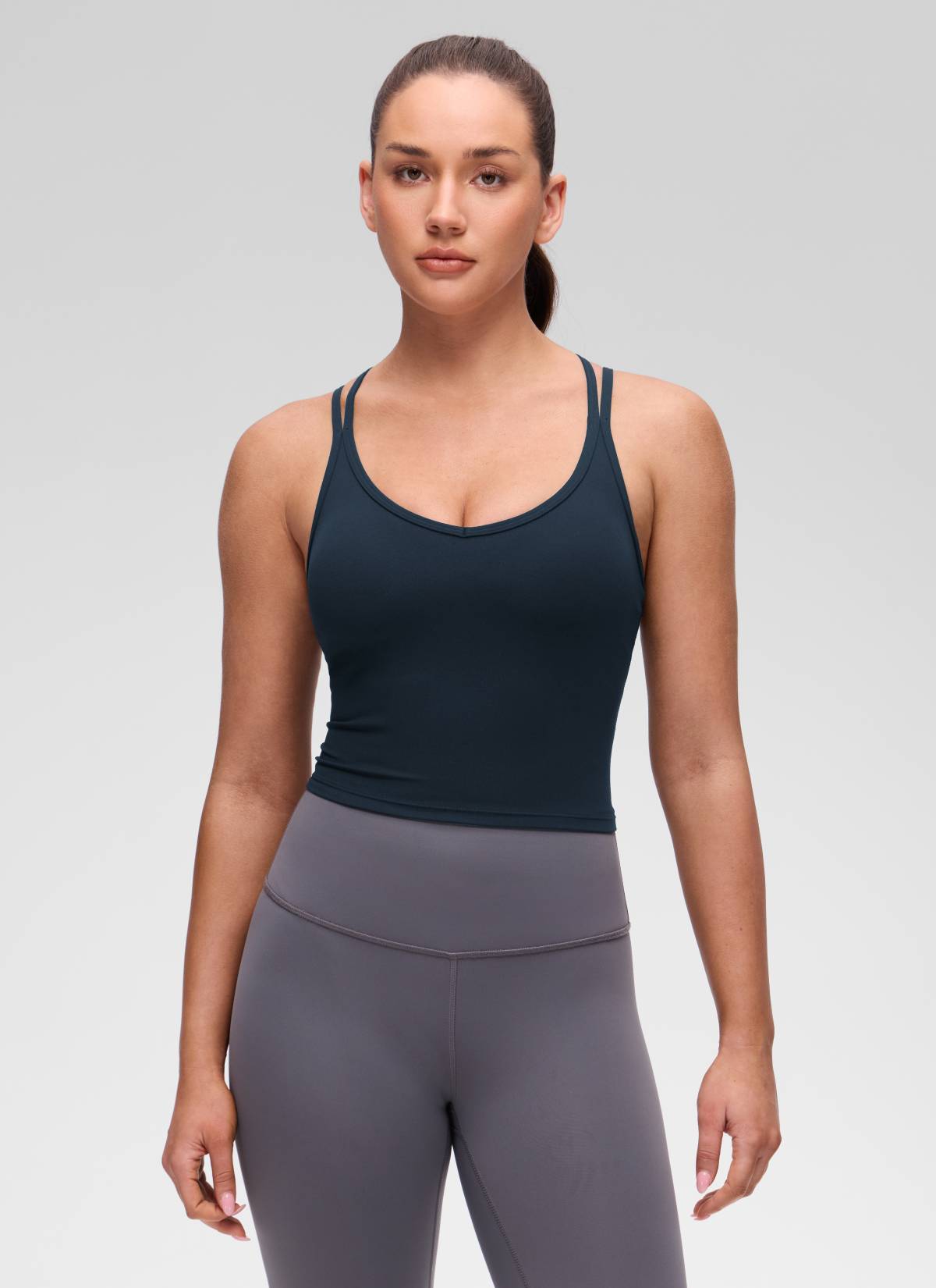 CRZ YOGA Women's Butterluxe Yoga V Neck Cross Back Built in Bra Tank True Navy