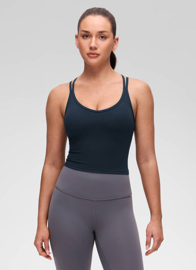CRZ YOGA Women's Butterluxe Yoga V Neck Cross Back Built in Bra Tank True Navy