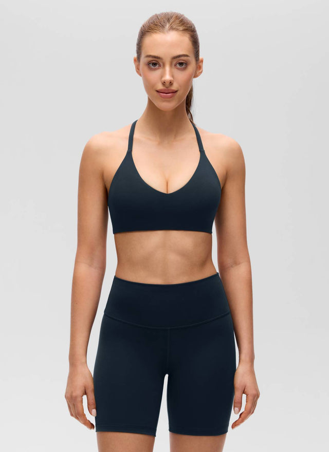 CRZ YOGA Women's Butterluxe V Neck  Racerback Thin Straps Sports Bra True Navy @model_info:Lary