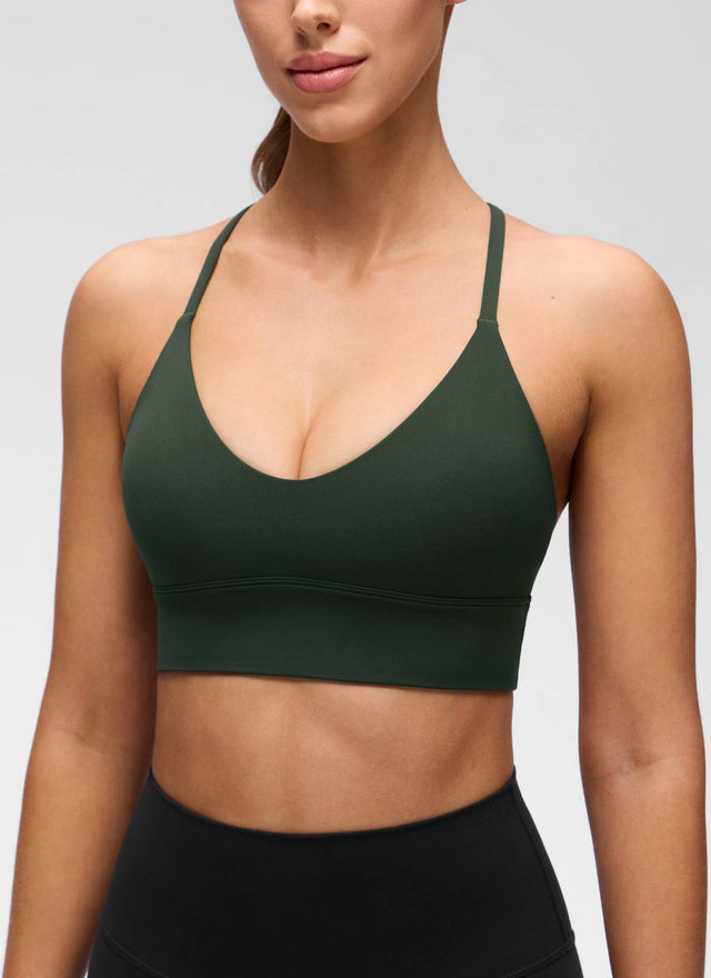 CRZ YOGA Women's Butterluxe Yoga V Neck Cross Back Longline Sports Bra Legend Green @model_info:Lary