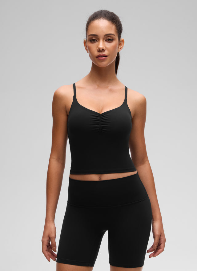 CRZ YOGA Women's Butterluxe Yoga Ruched V Neck U Back Crop Padded Tank Black