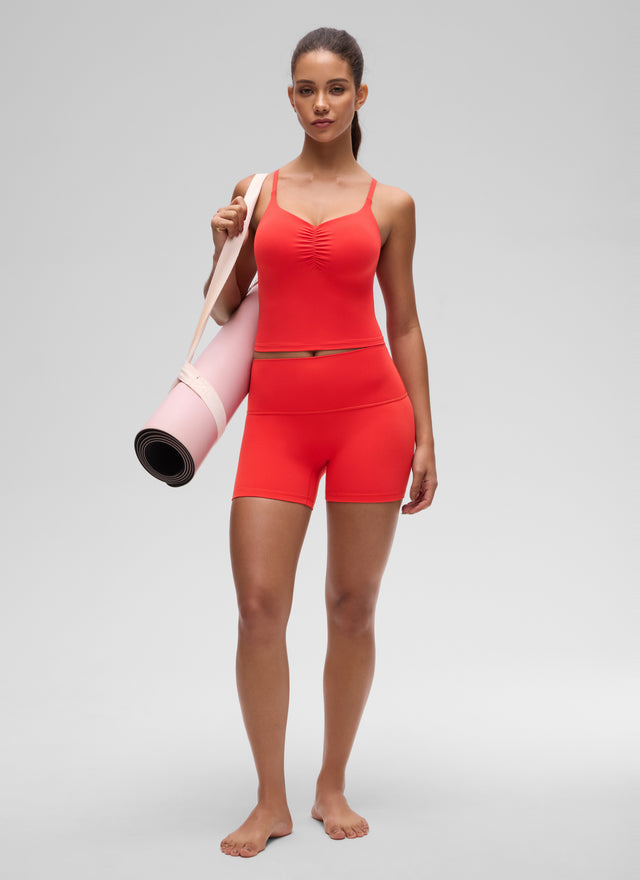 CRZ YOGA Women's Butterluxe Yoga Ruched V Neck U Back Crop Padded Tank Deep Red